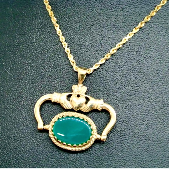 14K YELLOW GOLD GREEN & BLACK ONYX IRISH CLADDAGH PENDANT w/ 14K Gold ROPE CHAIN - Picture 3 of 11